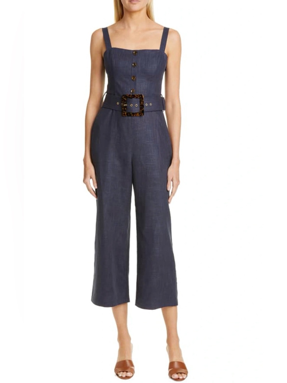 STAUD Navy Linen Blend Jumpsuit Size 10 Wide Leg Belted Tortoise Buckle